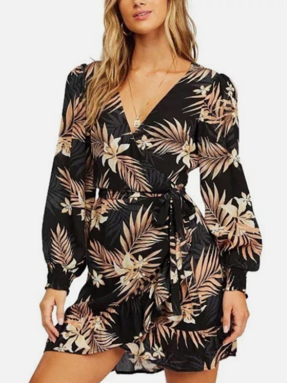 Billabong Boho My Heart Mini Wrap Dress Small Black Navy Floral